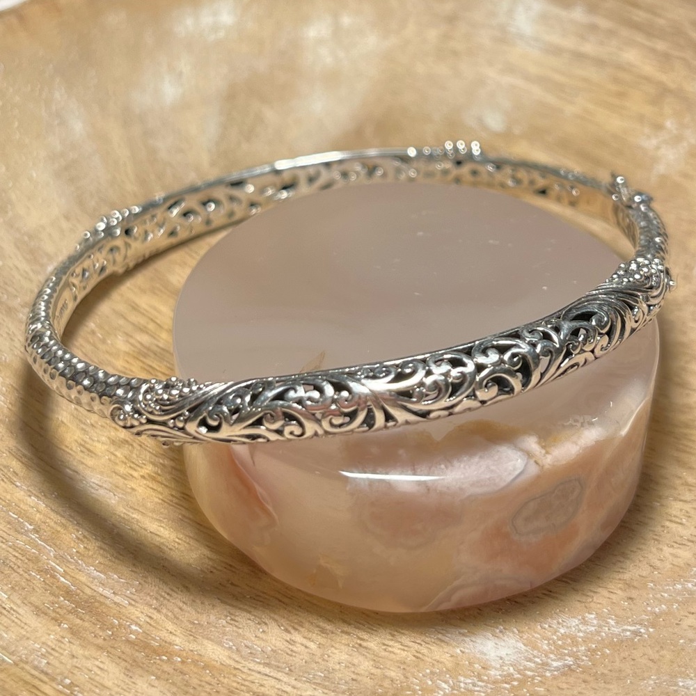 Sarda Artisan Sterling Silver Cut Out Filigree Scroll Hinged Bangle
